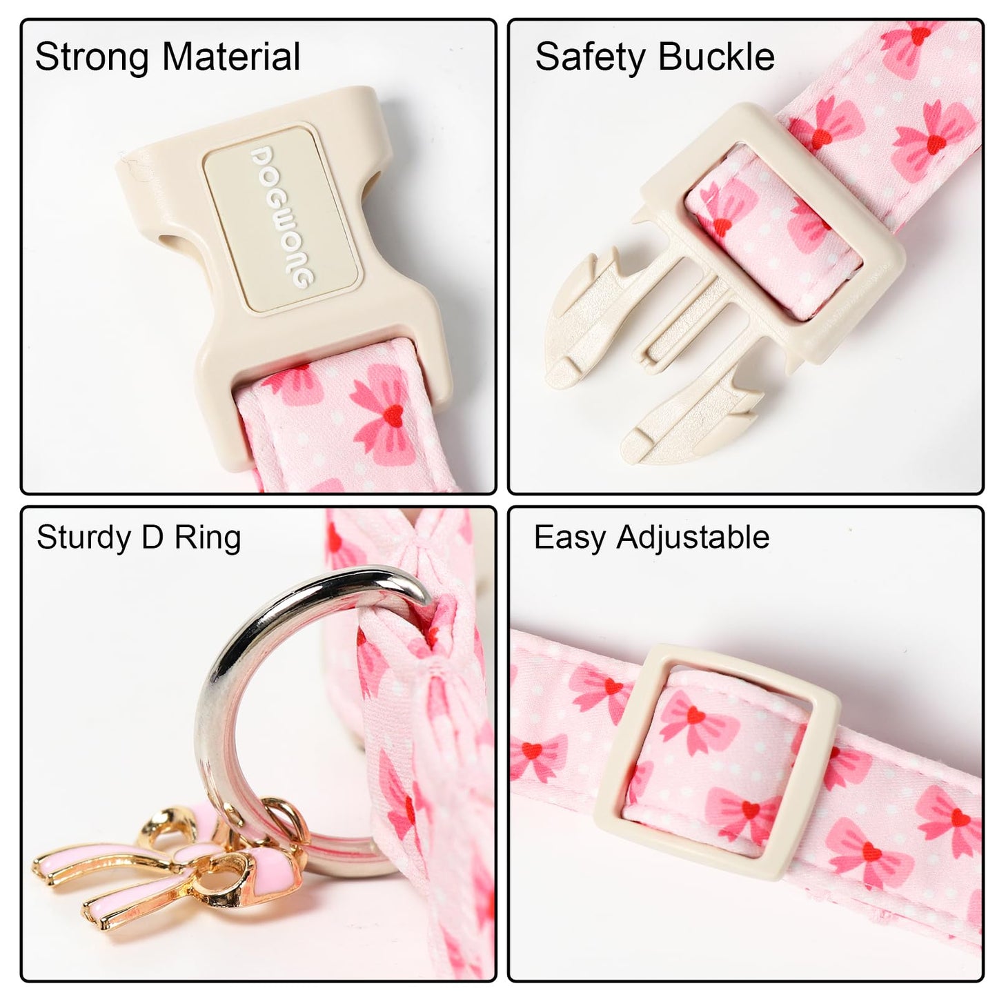 DOGWONG Cute Bowtie Printed Collar for Small Medium Large Dogs - Pink Dog Collar for Girl Female Dogs,M