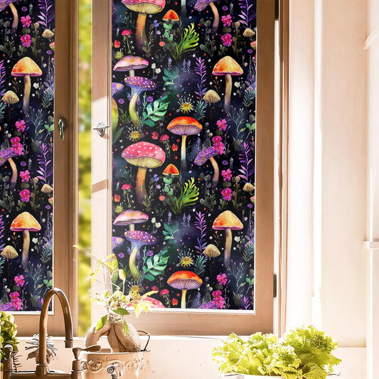 Dark Black Purple Pink Red Mushroom Flowers Stained Glass Window Films Decorative Double-Side Privacy Film Self-Adhesive Static Glass Clings for Living Room Bathroom Decor