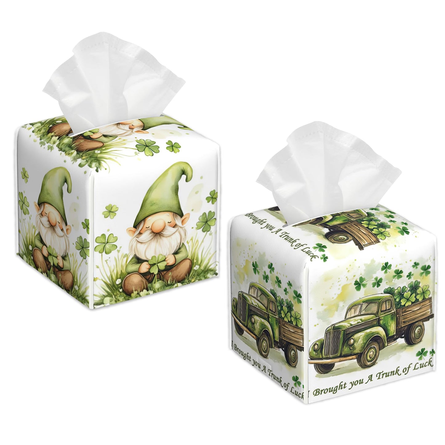 St. Patrick's Day Tissue Box Holder,Four Leaf Clover Leather Tissue Box Cover Square, Paper Facial Decorative Tissues Cover for Bathroom Home Car Nightstand Vanity Desk, 2 Pcs