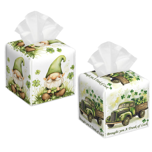 St. Patrick's Day Tissue Box Holder,Four Leaf Clover Leather Tissue Box Cover Square, Paper Facial Decorative Tissues Cover for Bathroom Home Car Nightstand Vanity Desk, 2 Pcs