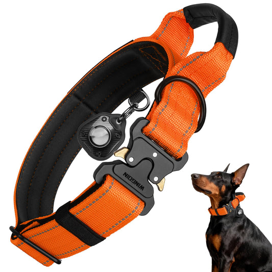 WINGOIN Tactical Dog Collar with AirTag Holder, Heavy Duty Reflective Padded Nylon Collar for Large Dogs, Quick Release Metal Buckle, Dogcollar for Training Walking Hunting, IPX5 Waterproof, Orange,L