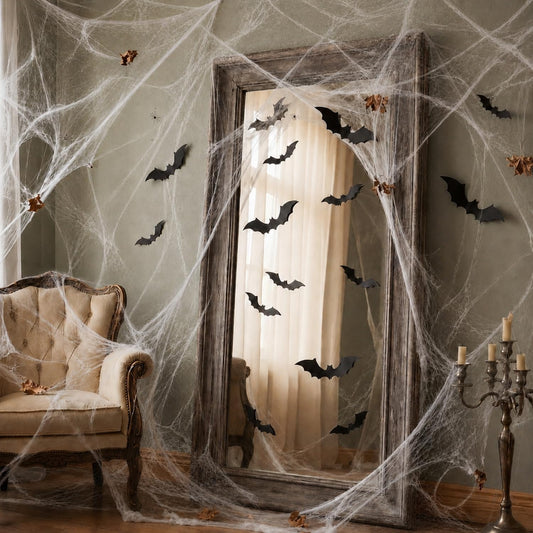 Mixweer Halloween Mirror Decoration 1000 Sqft Spider Webs Decoration 60 Pcs 3D Fake Bat Stickers Stretch Cobwebs Party Decorations for Mirror Silhouette Halloween Indoor Wall Door Window Decor
