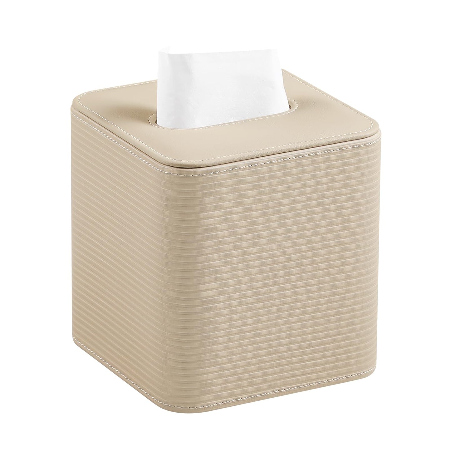 Tissue Box Cover Square with Magnetic Closure, PU Leather Tissue Box Holder for Bathroom NightStands Livingroom, Decorative Modern Square Tissue Holder (Beige Thin Stripes)