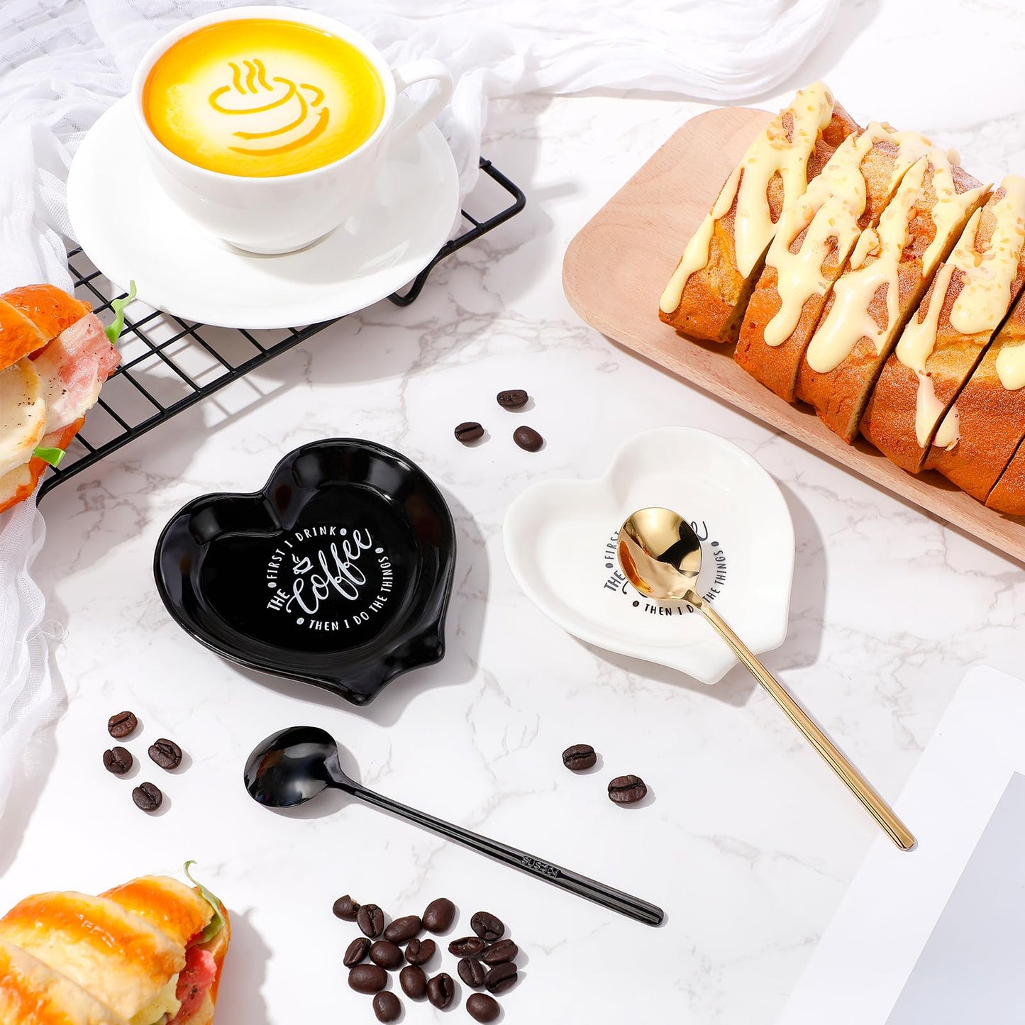 FoldTier 2 Pcs Ceramic Coffee Spoon Rest with Spoon Small Heart Black White Stirrer Holder Bar Station Accessories Decoration Lover Housewarming Gift(Rest But First Coffee)