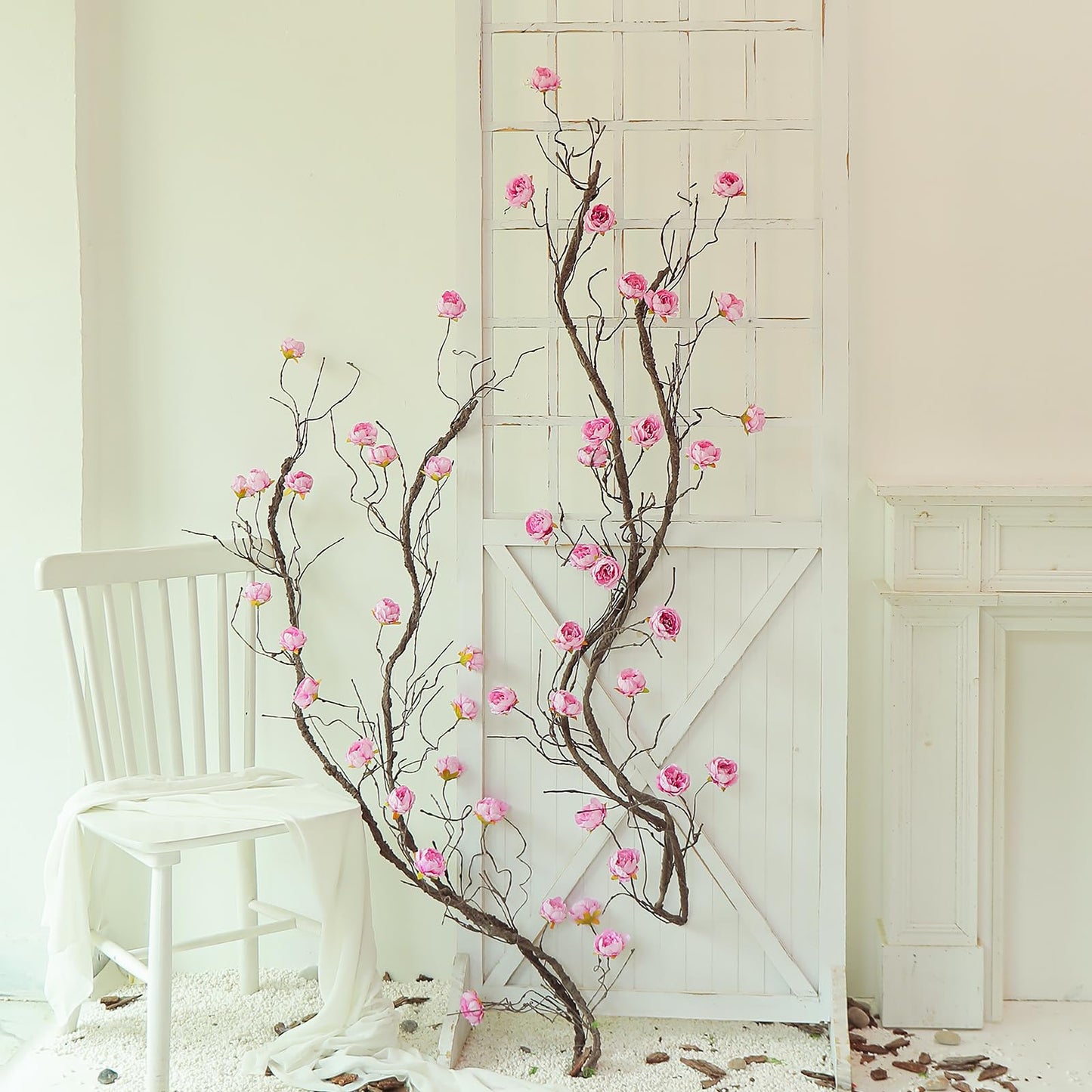 1PCS 300cm/118inch Large Flexible Artificial Tree Fall Vines Twine Wood Branches with Peony Flowers Garland Twig Reptile Climbing Fake Plants for Wedding Arch Christmas Wall Door Hanging Decoration