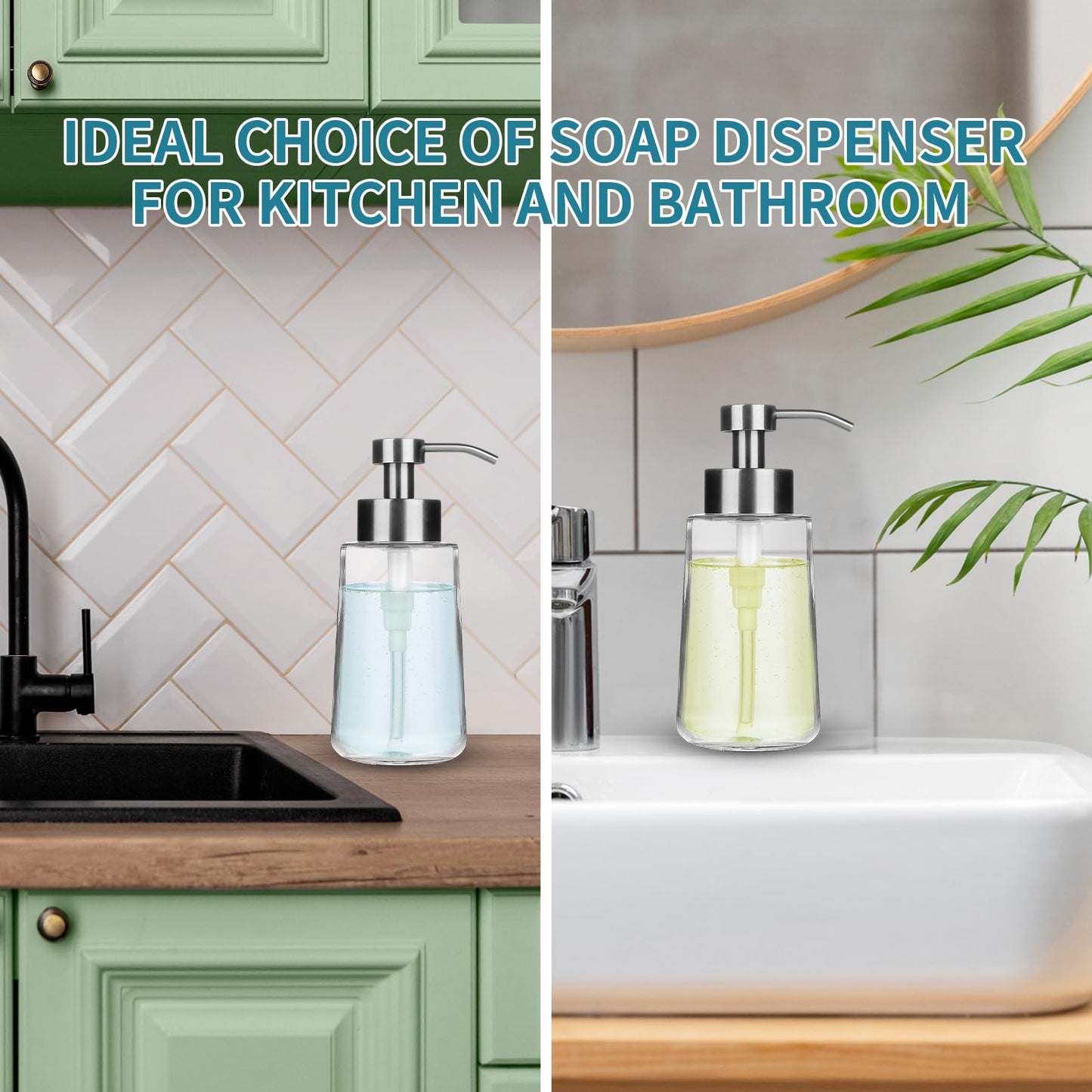Doiliese Soap Dispenser, Glass Hand Soap Dispenser with Rust Proof Pump, 16oz Liquid Soap Container with Waterproof Labels, Dish & Hand Soap Pump for Bathroom, Kitchen, Brushed Nickel, Pack of 2