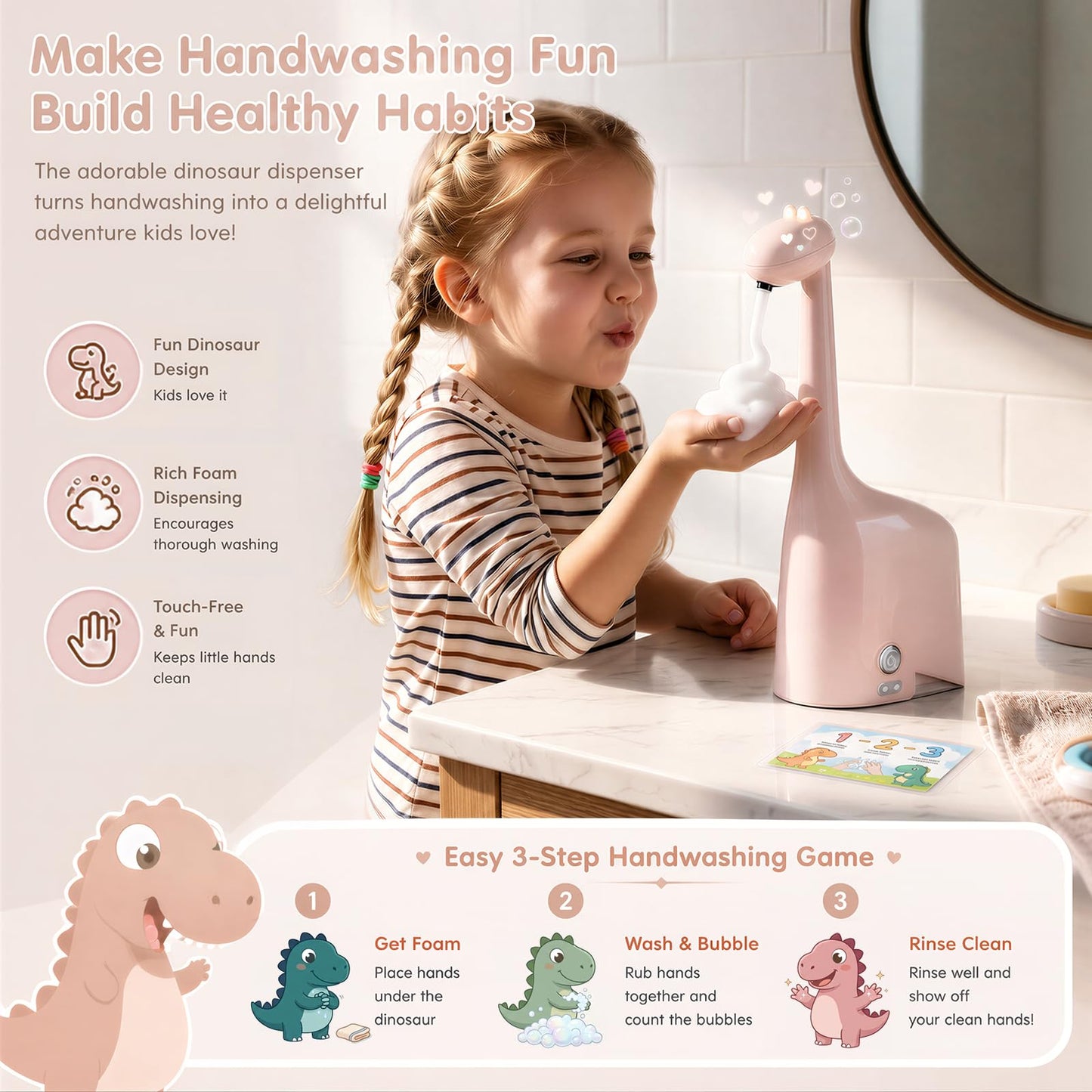 Automatic Soap Dispenser,Cute Dinosaur, Touchless, Rechargeable Foaming Soap Dispenser, 10oz/300ml, 3-Level Adjustable Foam, IPX5 Waterproof for Bathroom, Kitchen, Hotel,Restaurant, Pink