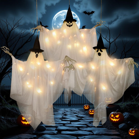SUNBEAUTY Hanging Ghost, Halloween Decorations Outdoor/Indoor-3Pcs Ghost Decor with Light, Halloween Ornaments, Hallowee n Decor for Tree, Yard, Window, Garden