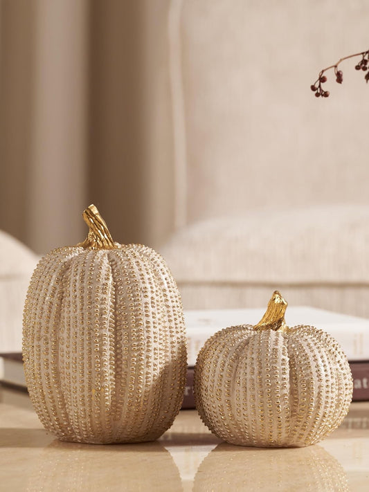 Fall Thanksgiving Pumpkin Decor Figurines, 2 PCS Fake Pumpkin Statues for Tabletop Decorating, White and Gold Resin Pumpkins for Autumn Harvest Luxury Fall Home Decor, Farmhouse, Gift Package