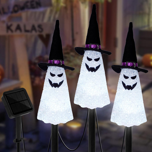 LIGHTSHINE 3PCS Ghost Solar Halloween Decorations, Solar Landscape Pathway Lights, Garden Stakes Light, Outdoor Halloween Lights Decor for Yard, Patio, Porch (White)