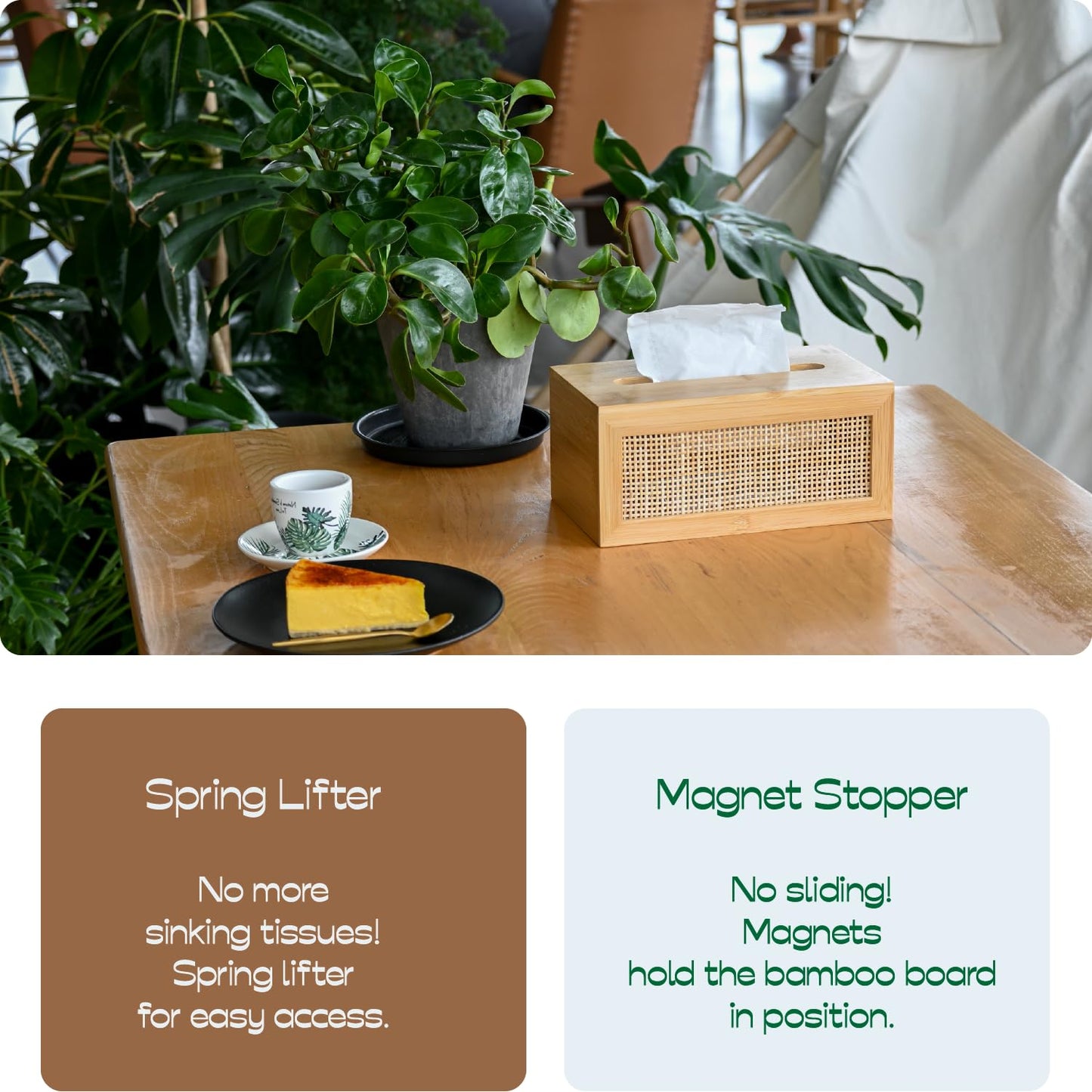 ABBI NIMO Large Rectangular Bamboo Tissue Box Cover, Natural Rattan Tissue Holder with Magnets for Bathroom, Living Room, Bedroom or Office, Supportive Spring Lifter Included