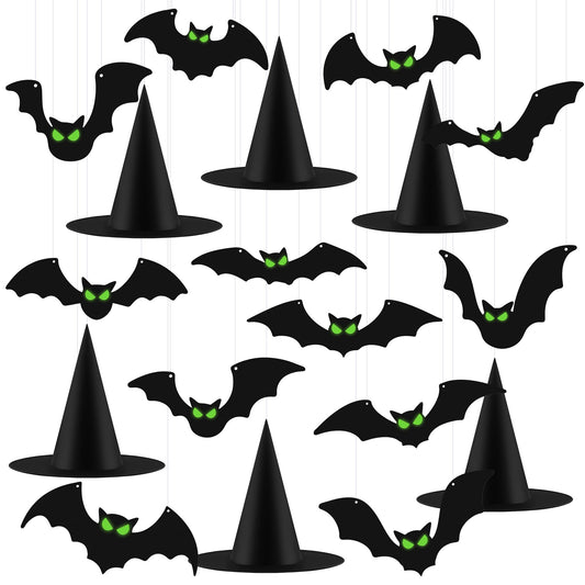 Fovths 12 Pieces Halloween Hanging Decoration With Glow Eyes - 6 Pack Black Witch Hat for Garden Yard Lawn Scary Decor Outside