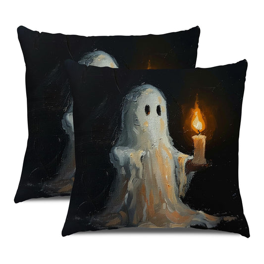 LOMCHEN Halloween Pillow Covers 16x16 Inch Set of 2 Vintage Ghost Candle Throw Pillow Covers for Halloween Decorations Ghost Cushion Case Decorations for Sofa Couch