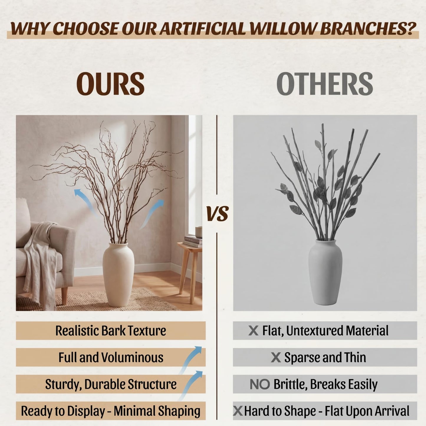 Norme 3 Pcs 65 Inch Lifelike Curly Willow Branches for Vases Artificial Decorative Dried Twigs Tall Plastic Vine Bendable Stick for DIY Plant Crafts Farmhouse Wedding Indoor Home Hotel Decor(Brown)