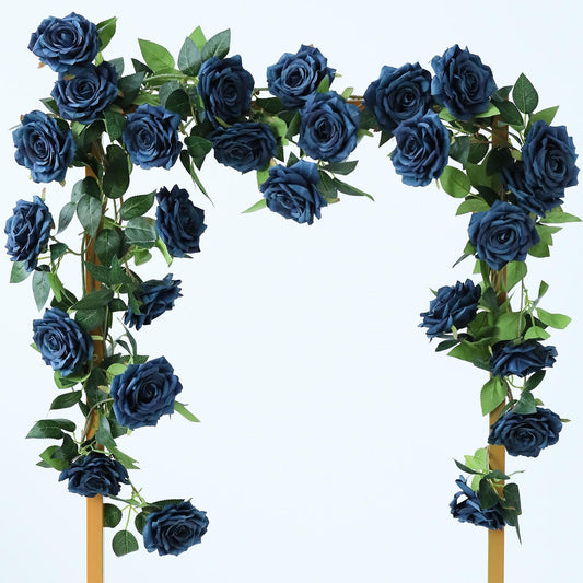 Dallisten 2 Strands 73'' Artificial Silk Rose Flower Vines Garland, Fake Roses Floral Green Leaves Hanging Plant for Wedding Arrangement Decoration, Wall, Party, Bedroom, Home Decor (Blue)