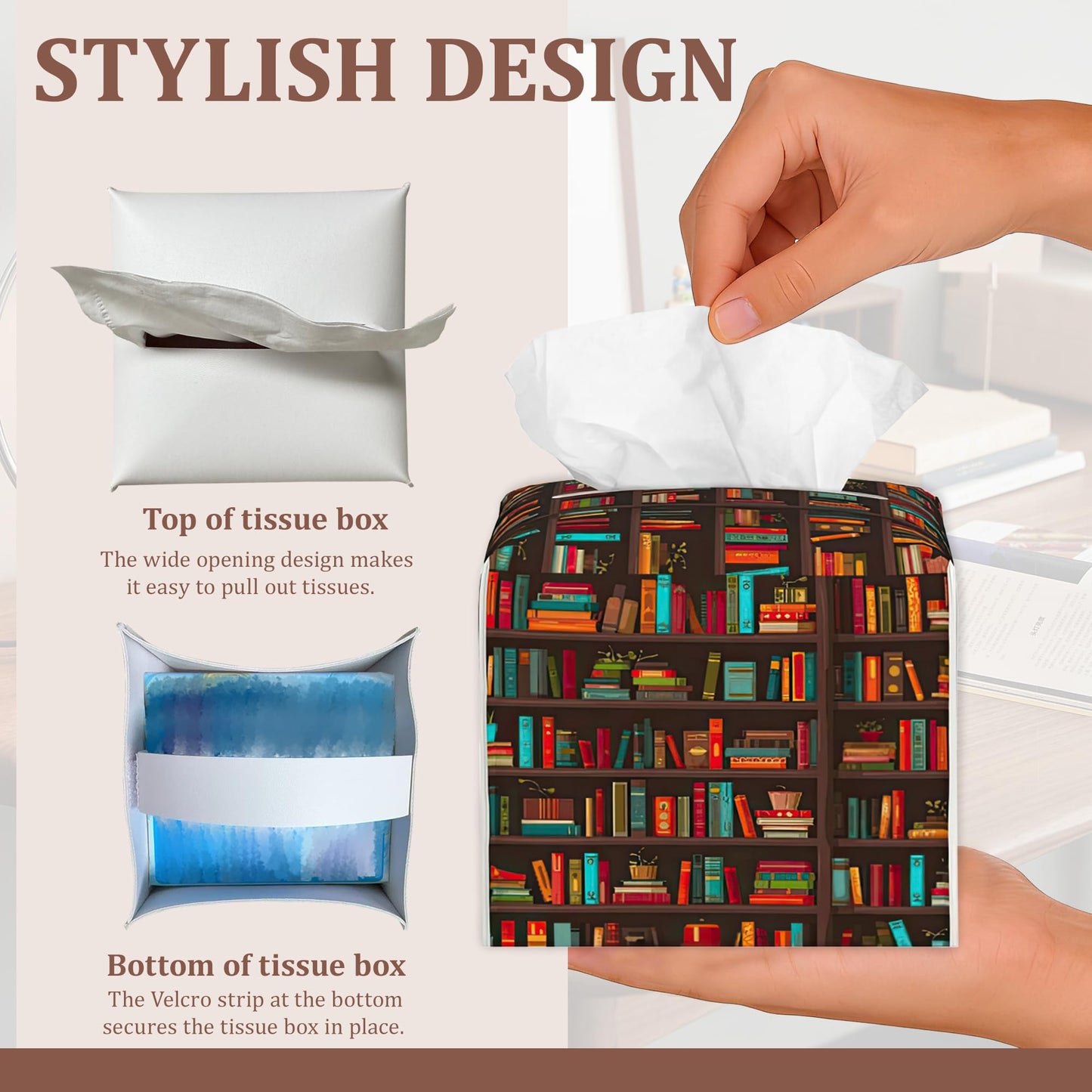Bookshelves Full of Books Tissue Box Cover 2Pcs PU Leather Tissue Box Holder for Home, Square Tissue Holder for Harvest Autumn Season Halloween Thanksgiving Gift