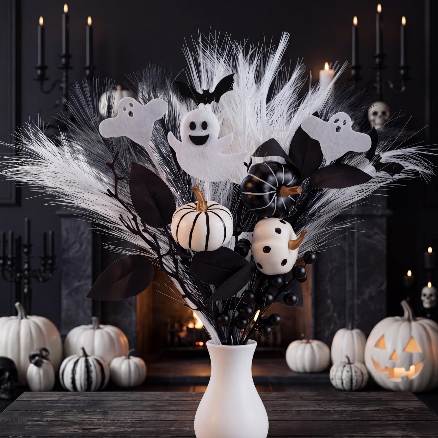 Zeyune Black Artificial Flowers 17'' Halloween Floral Picks with Cute Ghost Pumpkin Halloween Vase Filler Gothic Flower Bouquet Black Branches Centerpiece for Bedroom Living Room Witchy Home Decor