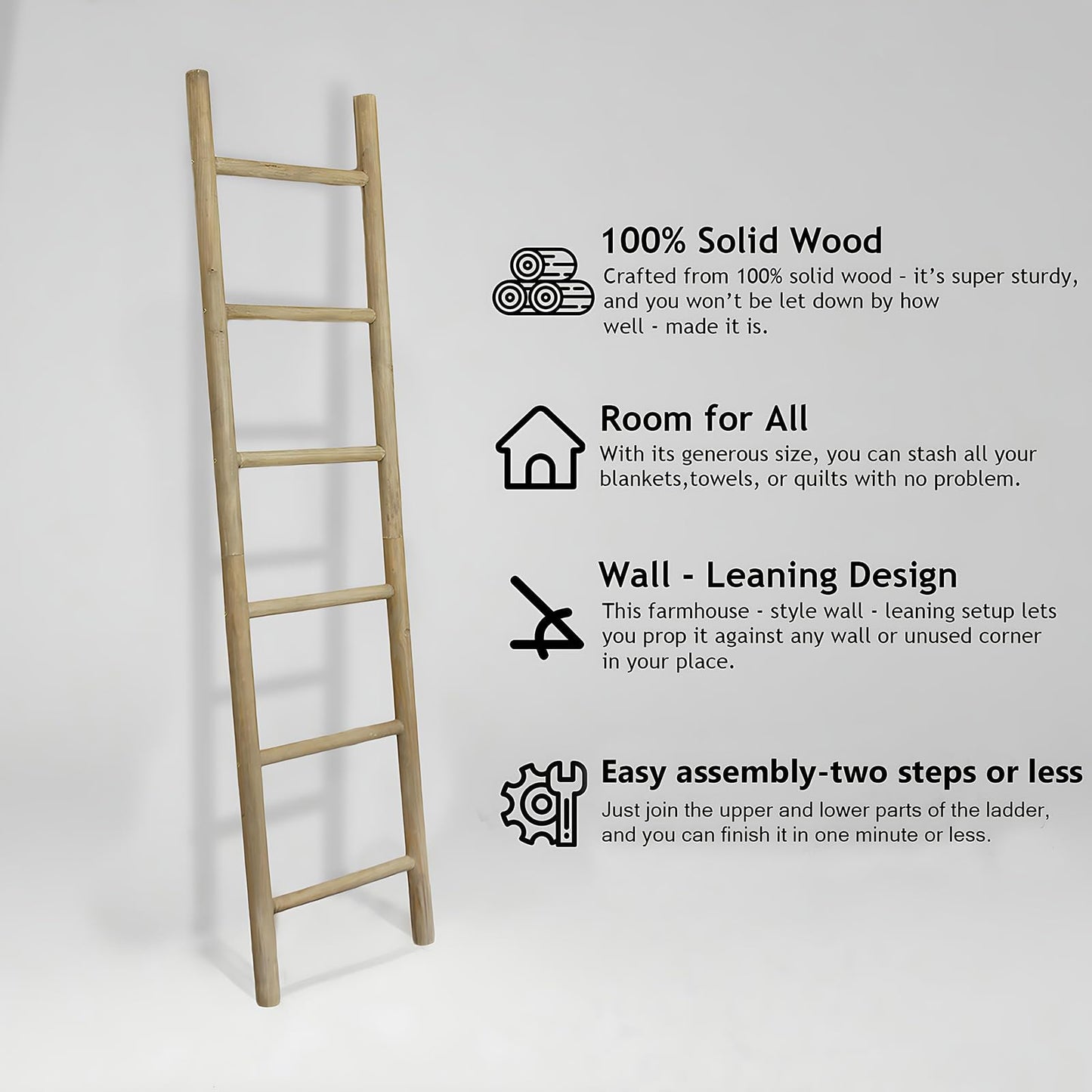 Wooden Blanket Ladder - 76in Natural & Motley Wood - Leaning Wall Decor for Bedroom, Bathroom, Living Room - Rustic Quilt Holder & Towel Rack (Brown, 76in | Pre Assembled)