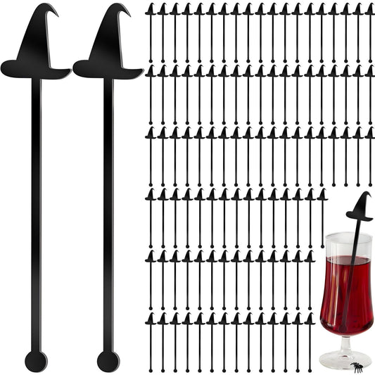 LemonRoad 100 Pcs Witch Party Supplies Swizzle Sticks Black Plastic Coffee and Cocktail Stirrers 5.9 Inch Reusable Black Witch Hat Cocktail Mixers Bulk for Bar Weddings Events Halloween (Classic)