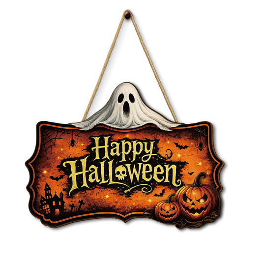Wooden Happy Halloween Door Sign, Spooky Ghost Haunted House Hanging Wreath for Front Door Decor, Scary Halloween Decorations for Home Farmhouse Porch Party Outdoor Indoor
