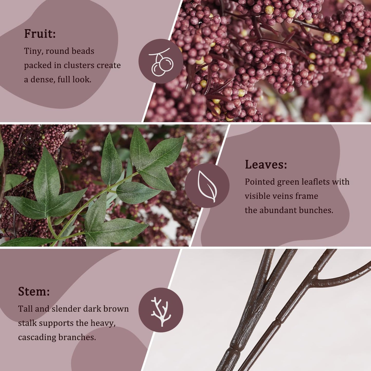 Miaikoe 3 Pcs Artificial Berry Stem 36" Realistic Flowers Picks Branches Faux Stem Spray DIY for Holiday Seasonal Farmhouse Mantel DIY Home Decorations (Dusty Plum)
