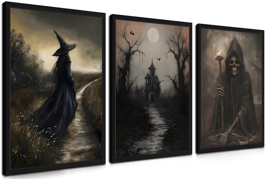 Framed Dark Academia Wall Art Set of 3, Vintage Gothic Skull Witch Wall Decor Paintings, Rustic Moody Spooky Haunted House Prints Pictures for Halloween Living Room 12x16 Inch