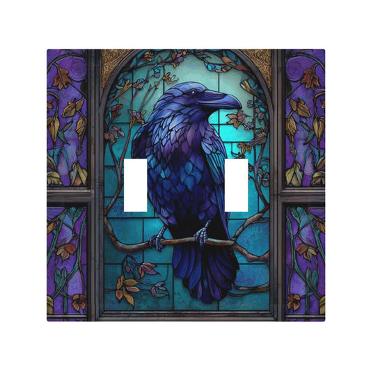 Stained Glass Crow On Tree Pattern Double Toggle Wall Plate Switch Decorative Panel Electrical Socket Plate Suitable For Bathroom Kitchen Living Room Bedroom