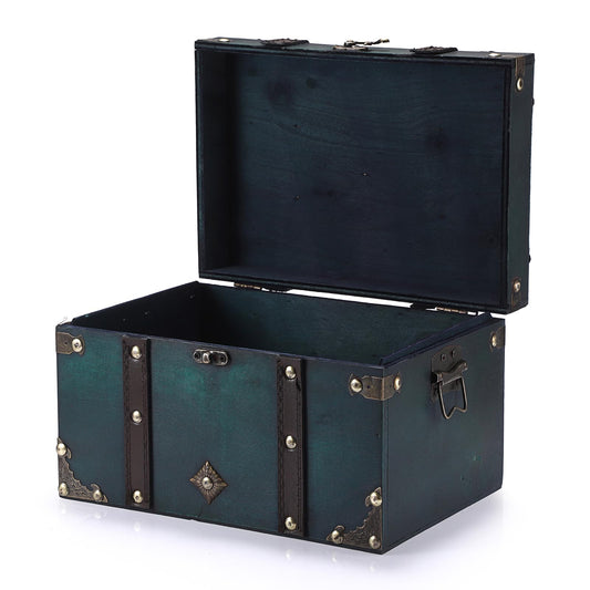 ELLDOO Vintage Treasure Chest, Pirate Keepsakes Box for Gifts, Wooden Storage, Green Decorative Container for Jewelry, Pearl Trinkets, Tarot Cards - Large