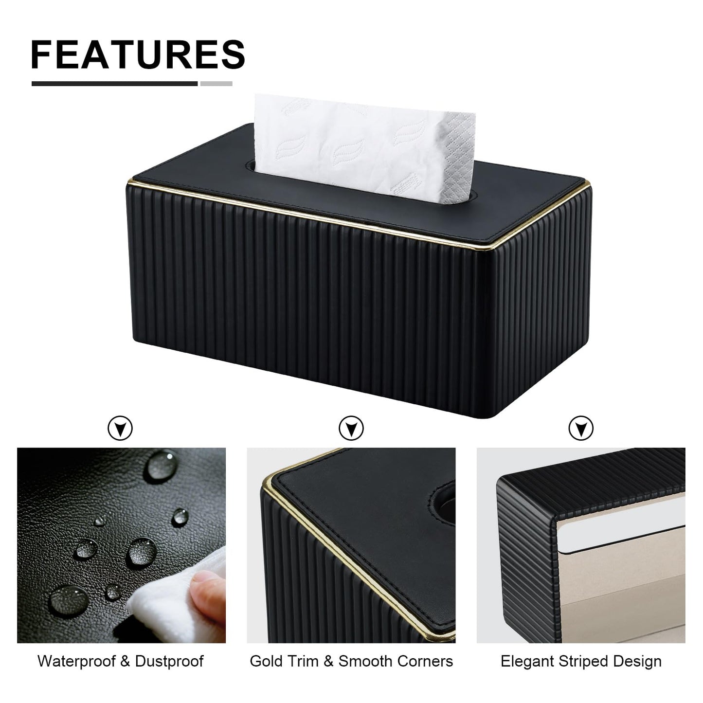 KINGFOM Rectangular Tissue Box Cover, PU Leather Tissue Box Holder with Magnetic Bottom, Napkin & Facial Tissue Holder Dispenser Decorative Box Cover for 120-count (3-Ply) 160-count (2-Ply) Black