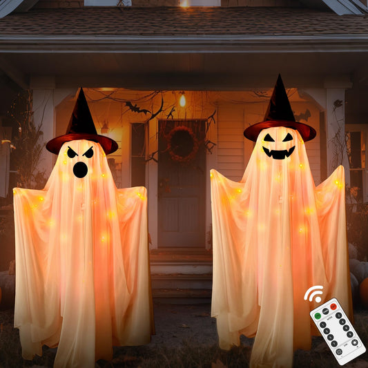Halloween Decorations Outdoor Indoor- 2 Packs Large Light-Up Spooky Standing Ghost Decor with 8 Modes Remote String Lights, Scary Halloween Ghost Lights for Porches Yards Gardens Party Decorations