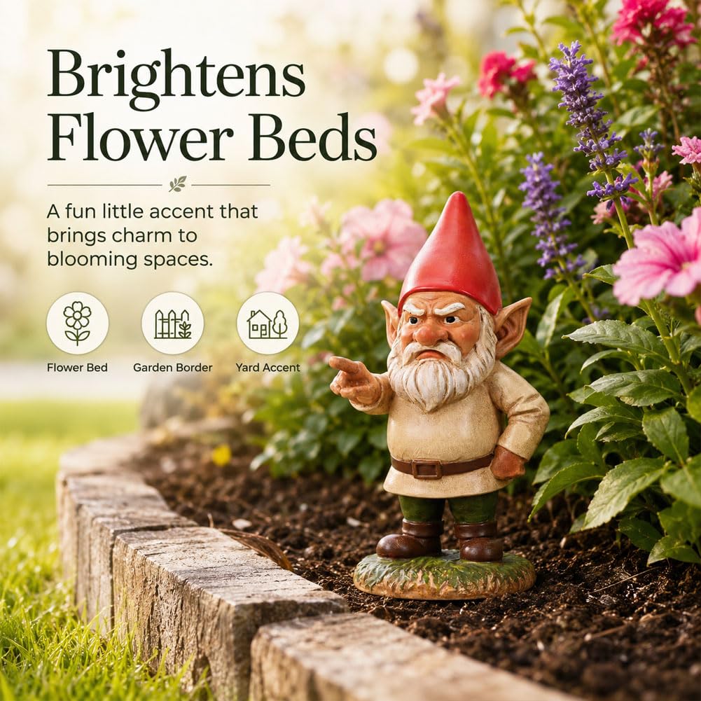 QIANLING 6.3" Garden Gnomes Outdoor, Angry Garden Gnome Statue, Funny Resin Gnome Garden Decor, Garden Gnomes for Yard Lawn Patio Porch Flower Bed Decor, Red Hat Gnome Gift for Garden Lovers