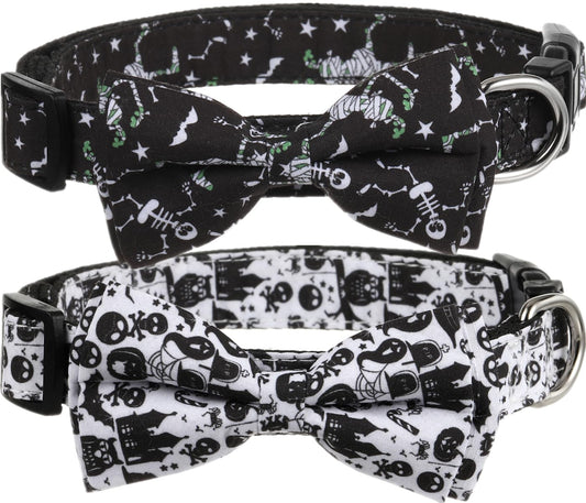 Halloween Dog Bow Tie Collar 2 Pack, Quick Release Spooky Collar for Large Size Dogs