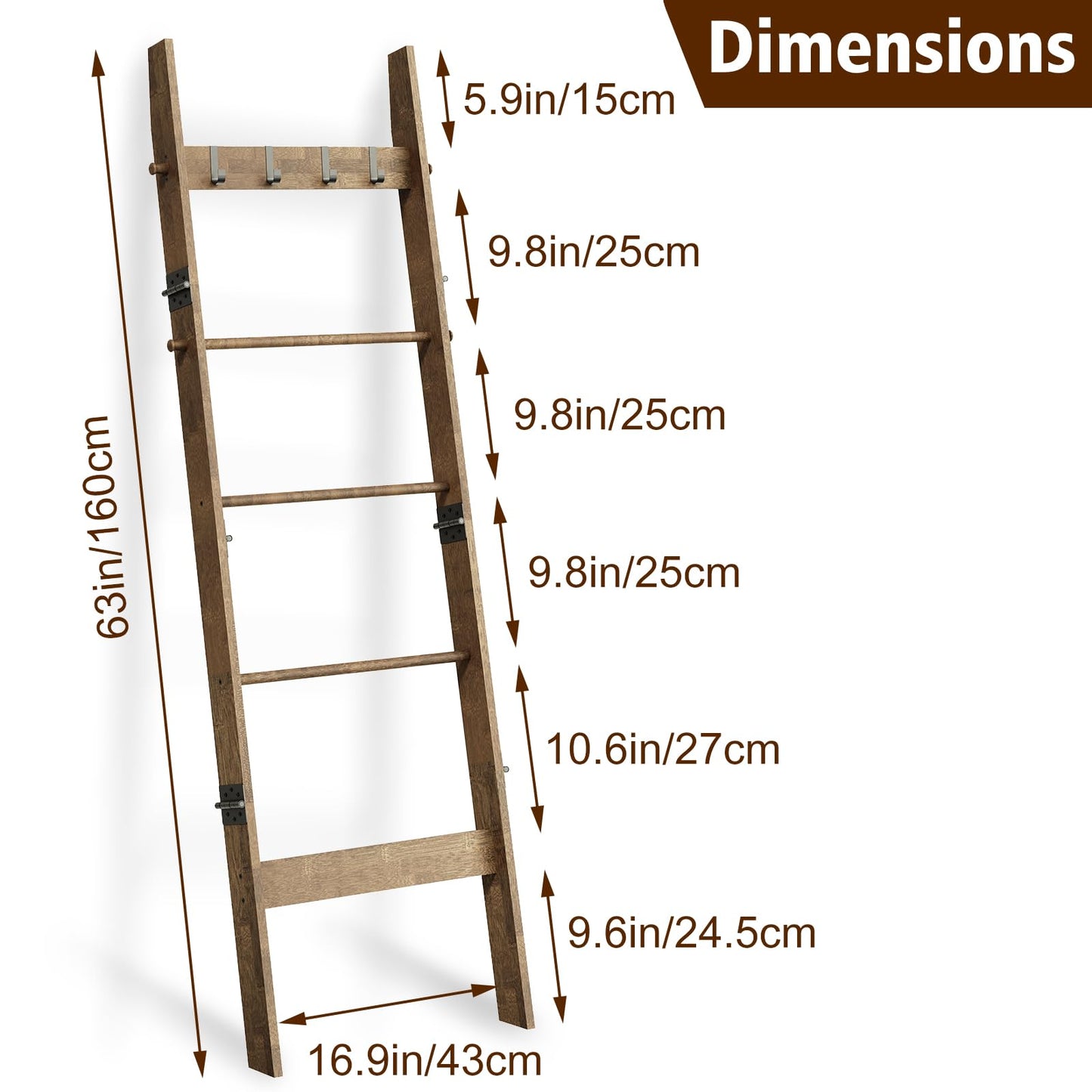 HonyQiShuo 5-Tier Bamboo Ladder Shelf, Farmhouse Style Blanket Ladder, Rustic Decorative Ladder with 4 Removable Hooks, Brown