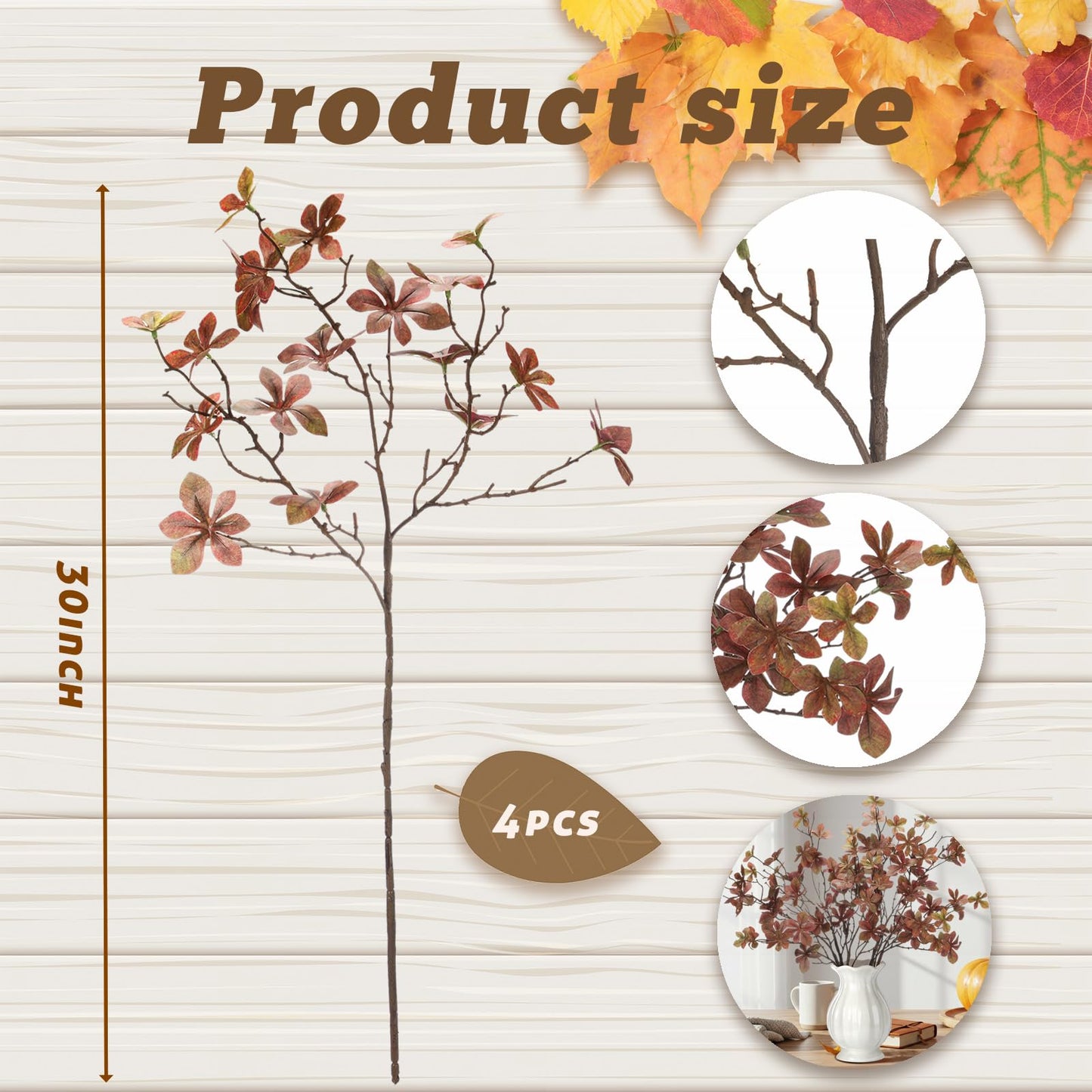 Suncalla 4 Pcs 30 Inch Fall Leaves Stems for Vase Artificial Rusty Quince Leaf Faux Branch Floral Pick Fake Twig Plants with Long Stem for Home Table Centerpiece Harvest DIY Decor