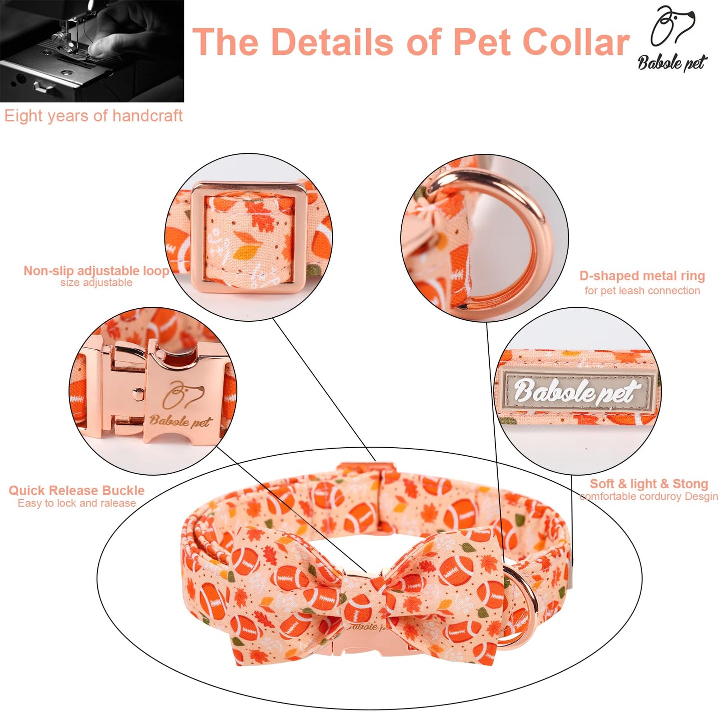 Babole Pet Fall Football Dog Collar with Bow Tie - Cute Orange Fall Dog Collars, Adjustable Cotton Metal Buckle Bowtie Collar for Small Medium Large Boy Girl Dogs L