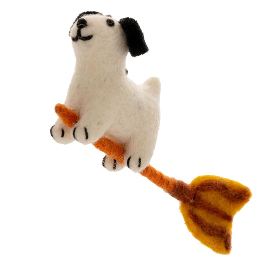 Karma, Halloween Felt Hanging Ornament, Holiday Tree Decoration, Broom Riding Puppy