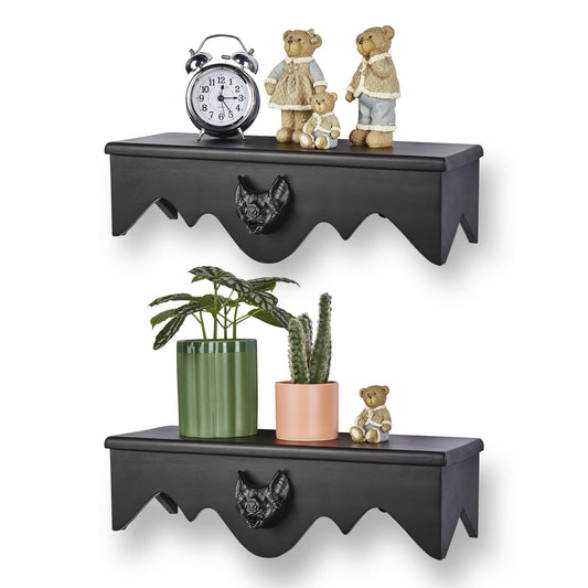 Gothvanity Gothic Bat Floating Shelves 2 Pack - Black Spooky Dark Aesthetic Wall Mounted Storage, Wooden Home Decor for Bedroom Kitchen Bathroom Office