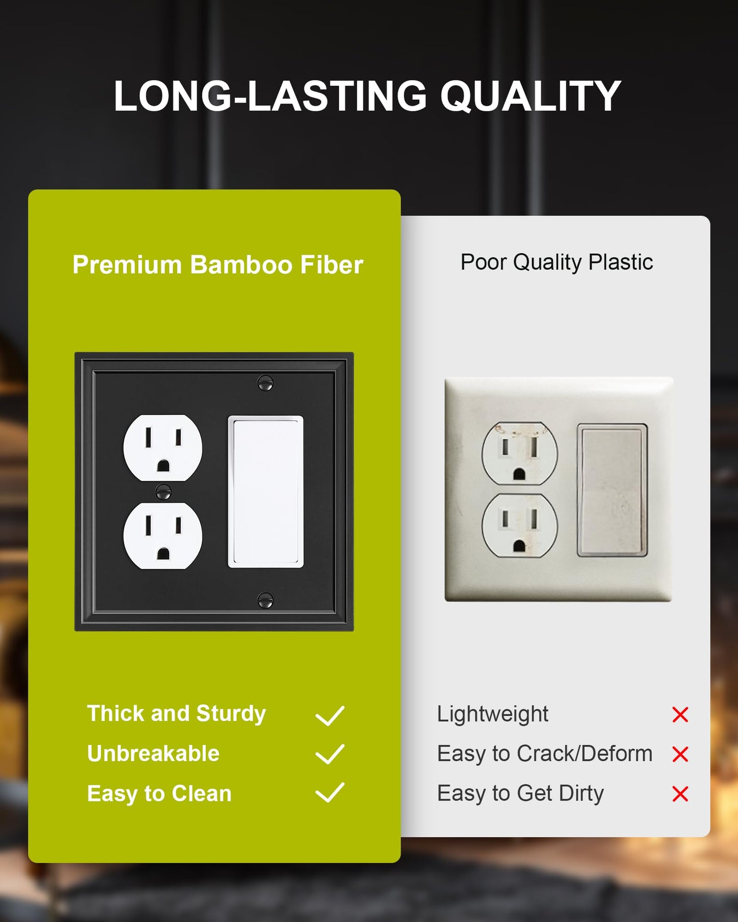 TREEWELL 2-Pack Combo Duplex/Decorator Light Switch Cover Plate, Black Modern Decorative Electrical Outlet Covers, Bamboo Fiber Wall Switch Plates and Outlet Covers