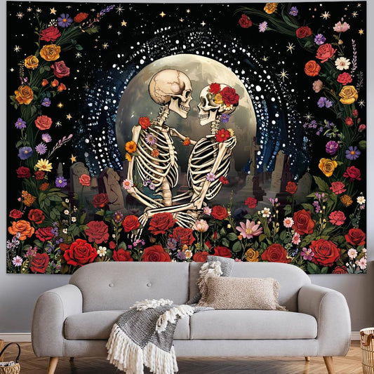 Serborlur Skeleton Lovers Tapestry Aesthetic Gothic Skull Tapestries Boho Romantic Flower Floral Wall Decor The Lovers Wall Hanging for Bedroom Living Room Dorm
