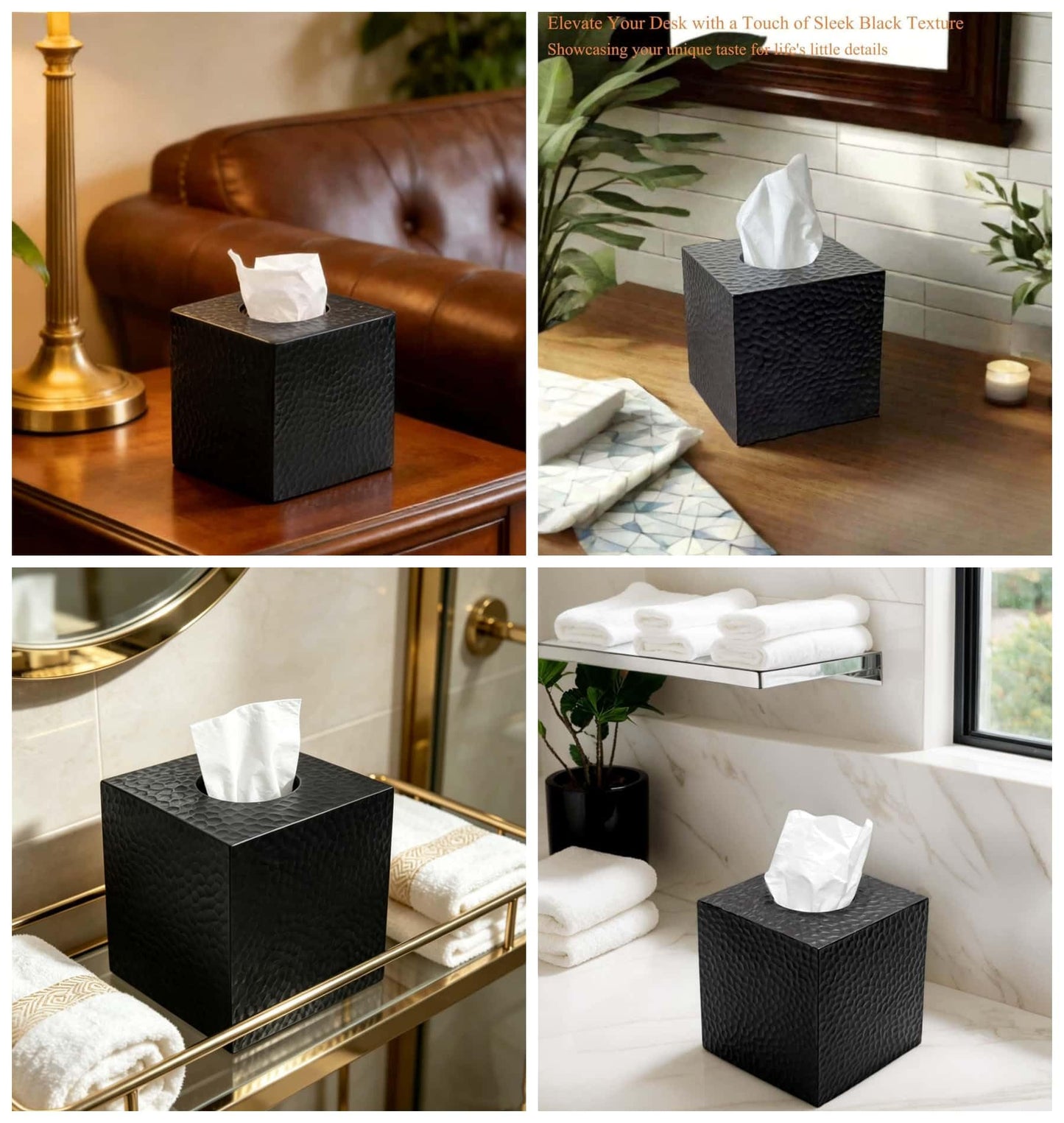 JWT Astyle Hammered Square Black Facial Tissue Box Cover Holder.Handcrafted Resin Kleenex Box Covers Cube with Open Bottom for Bathroom Livingroom Kitchen Office Home Decor Gifts