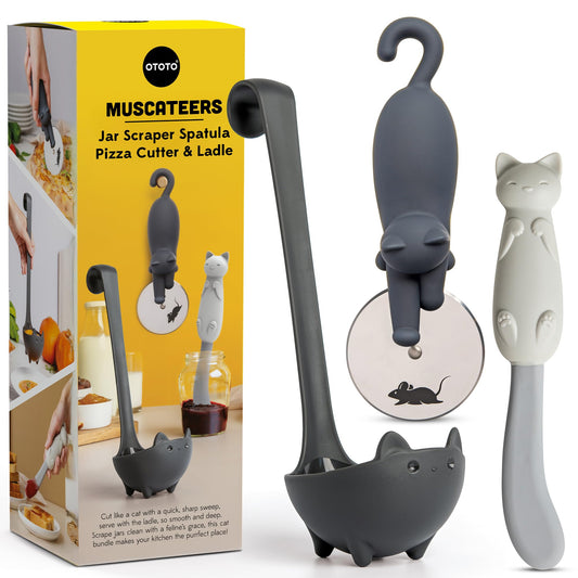 OTOTO Muscateers Bundle of Mary Cat, Katie, Kitty - Jar Scraper Spatula, Soup Ladle, Pizza Cutter - Cute Kitchen Accessories, Spooky Gothic Cat Gifts for Women, Kitchen Gifts, Halloween Gifts