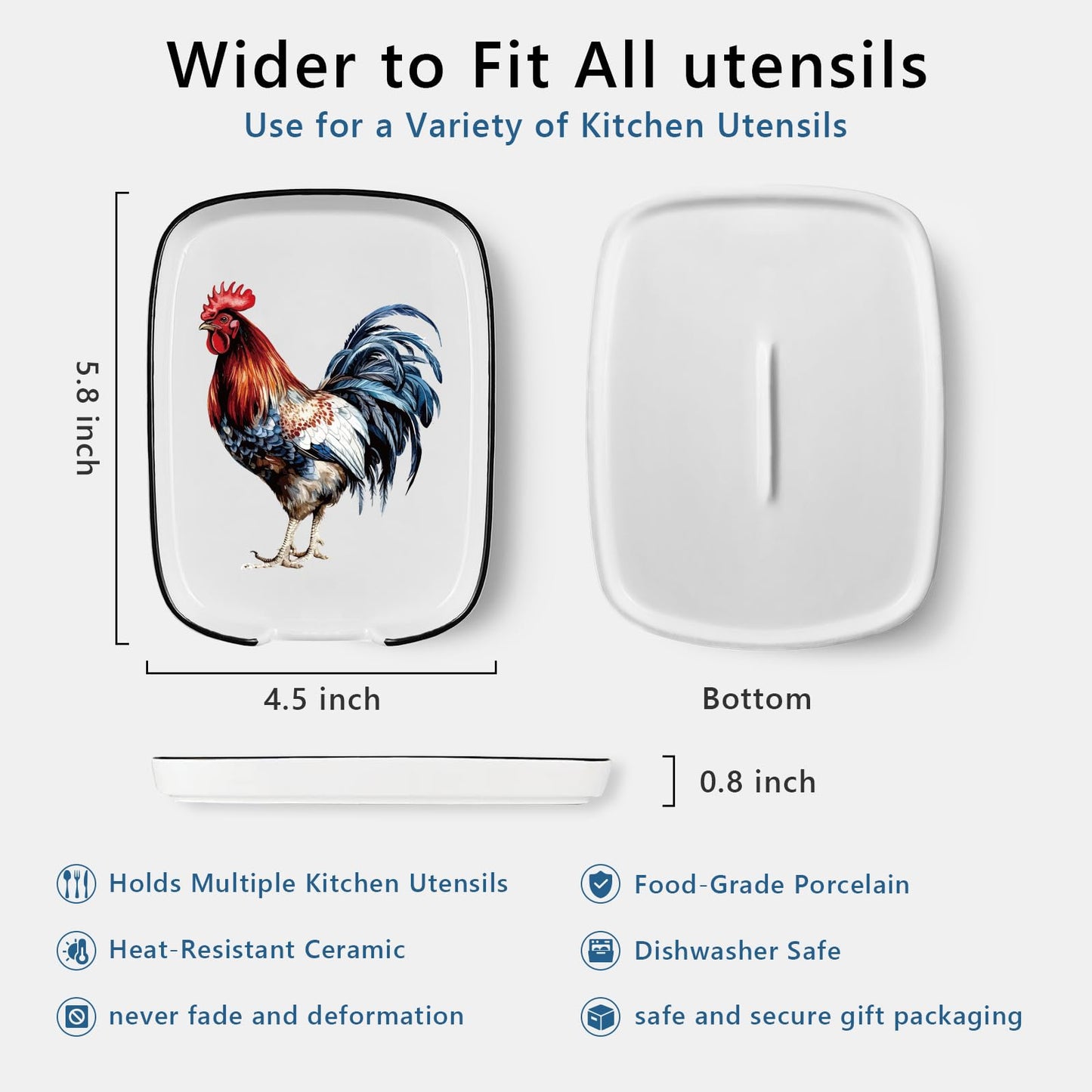 Funny Cute Rooster Ceramic Spoon Rest - Large Heat Resistant Kitchen Utensil Holder for Stove & Countertop - Farmhouse Decor, Chicken Themed Cooking Accessory - Perfect Housewarming Gift ﻿