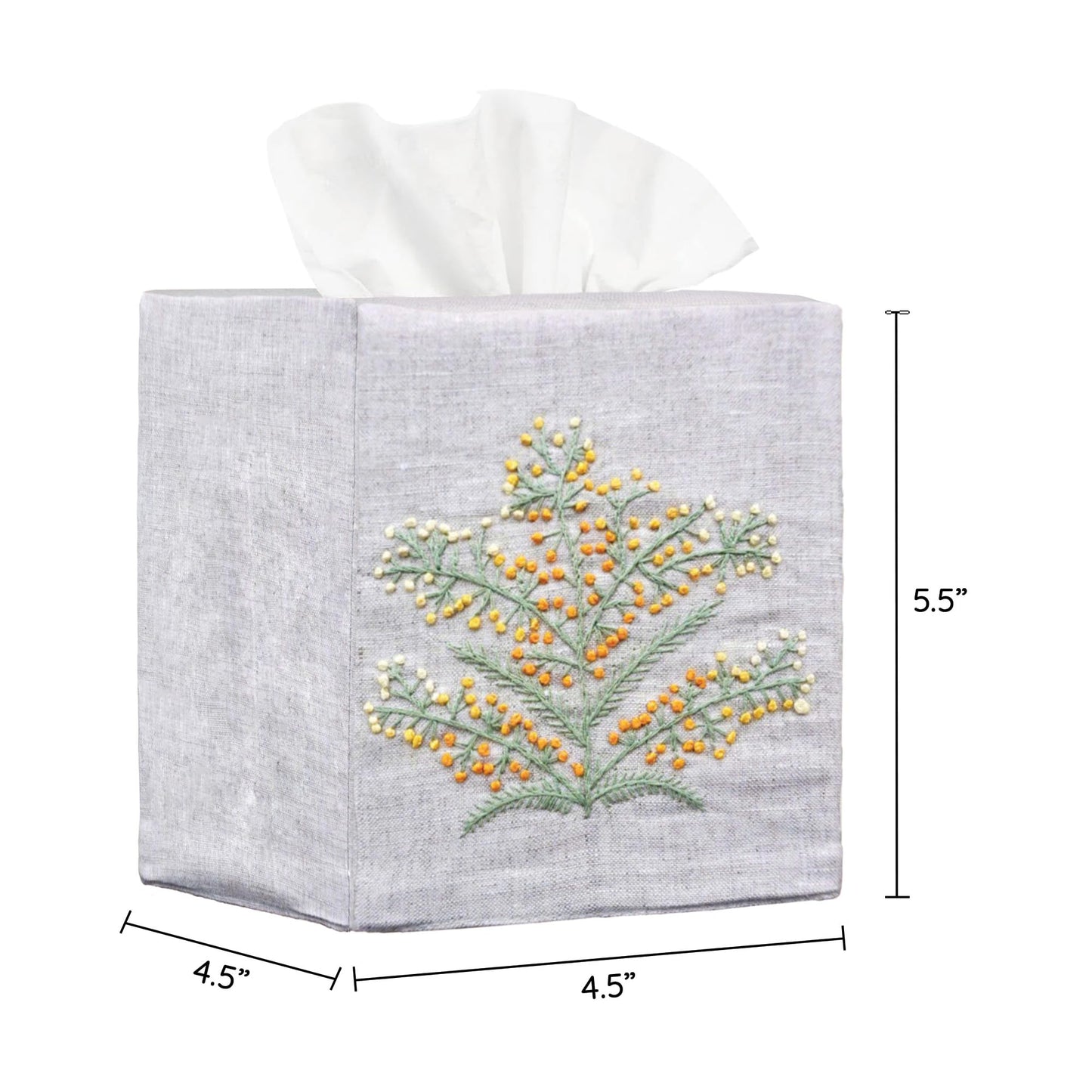 EmbroideryLinen.VN Cloth Tissue Box Cover Cute Set of 2, Square Linen Tissue Holder with French Knot Hand Embroidered Flowers Pattern, Home, Office, Kitchen Decor, 4.5x4.5x5.5 Inches (Grey)