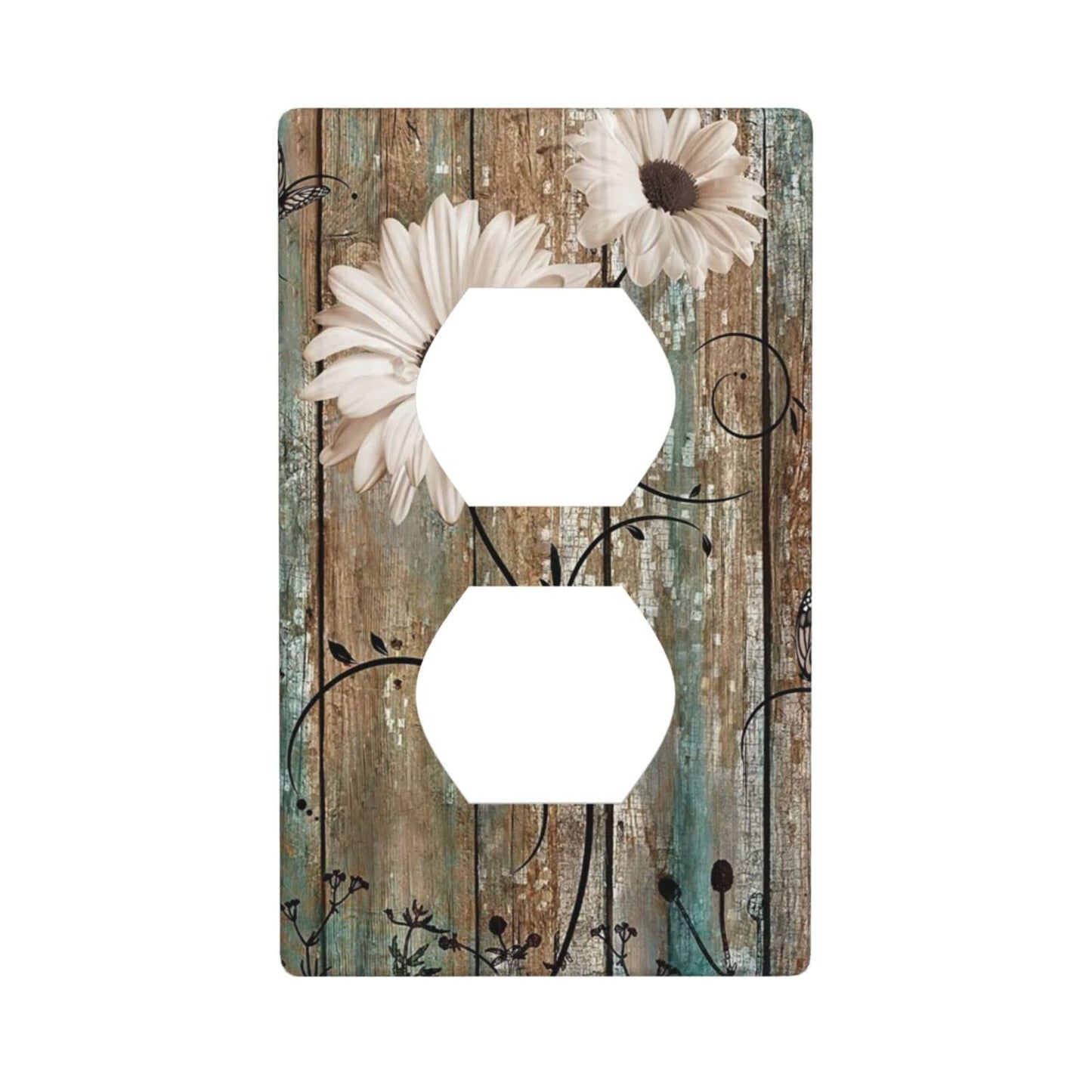 Rustic Daisy Flower Decorative Outlet Cover Wall Plate Single Duplex Receptacle Cover 1 Gang Switch Plate Electrical Accessories, 4.50 x 2.76 Inch