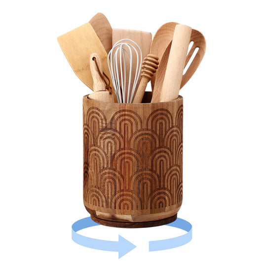 Acellegic Acacia Wood Utensil Holder for Kitchen Counter, 360° Rotating 6.3" Wooden Spoon Spatula Organizer Rustic Cooking Utensil Crock Arch Design for Kitchen Countertop Farmhouse Decoration