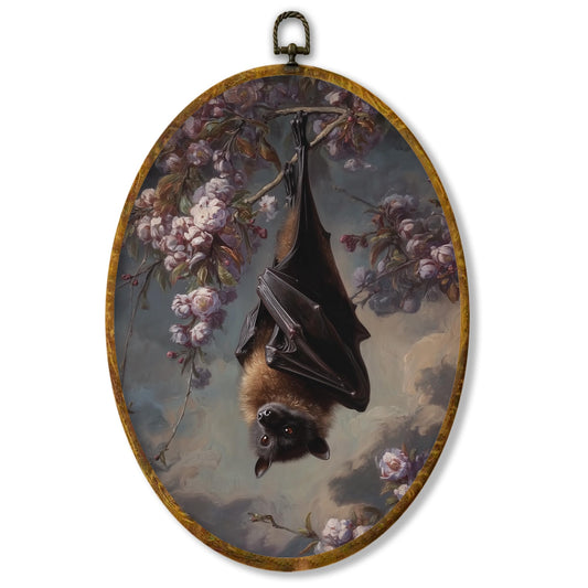 XPH Vintage Floral Bat Oval Wall Art Framed, Gothic Fantasy Bat Oval Wall Decor, Dark Cottagecore Botanical Wild Animal Hanging Canvas Prints for Home Bedroom Living Room Decoration, 8.6x11.4 Inch