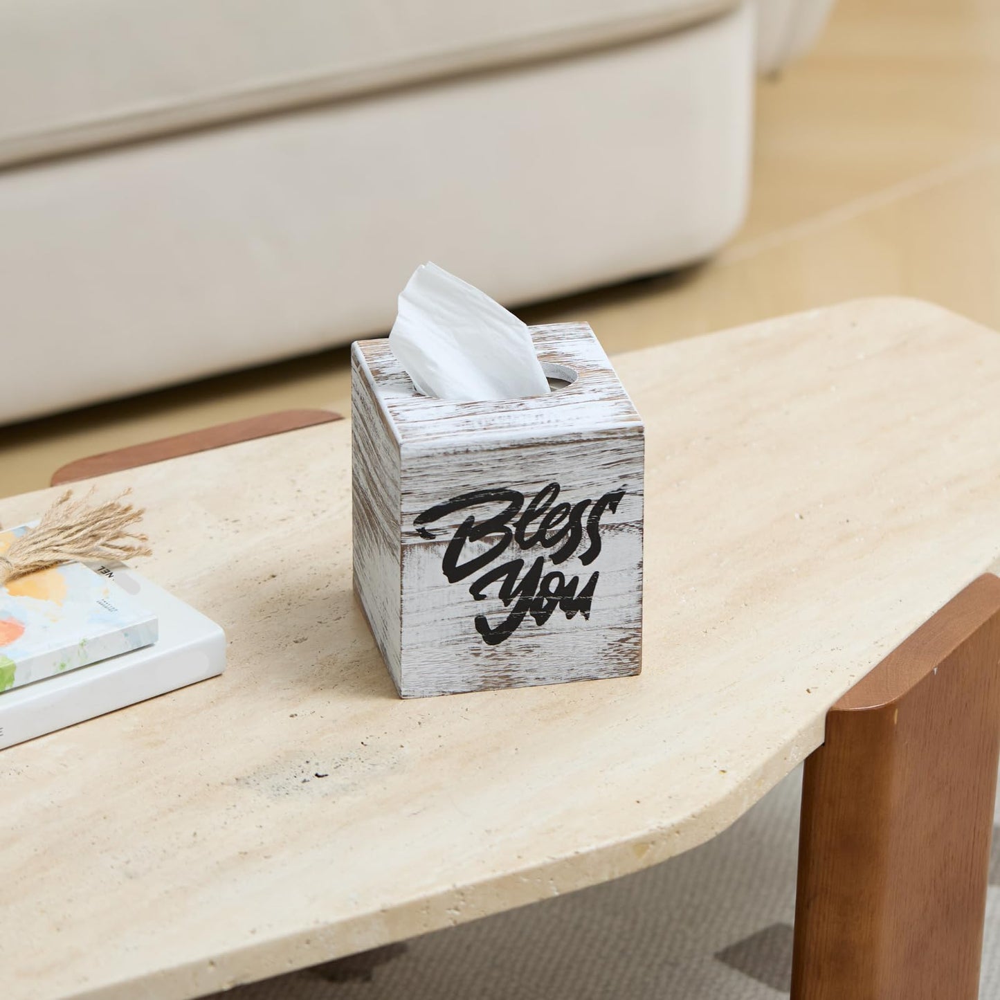 Wood Tissue Box Cover, Square Bless You Tissue Holder, Decorative Tissue Dispenser for Bathroom, Living Room, Dining Table, 5.3" L x 5.3" W x 6.1" H