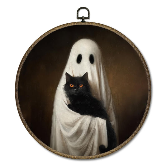 OINDADE Halloween Ghost Round Wall Art Decor, Vintage Black Cat Ghost Wall Art Hanging Decor, Fall Halloween WallArt, Rustic Autumn Black Cat Owner Gifts Framed Canvas Artwork for Living Room,10x10in
