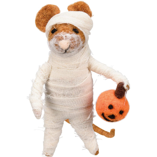 Primitives by Kathy Halloween Collectible Felt Critter, 4-inch, Felt Mummy Mouse Holding a Jack-o-Lantern - Spooky Tiered Tray & Shelf Sitter Decor, Mix & Match with Our Other Collectible Figurines