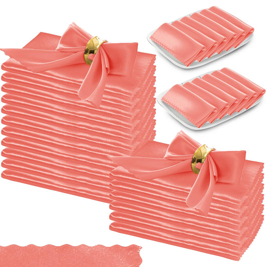 Manyshofu 20 Pieces Coral Satin Scalloped Napkins - 18x18 Inches Satin Cloth Napkins, Square Fabric Napkin Set - Elegant & Smooth Table Napkins for Wedding Dinner Party Banquet Restaurant